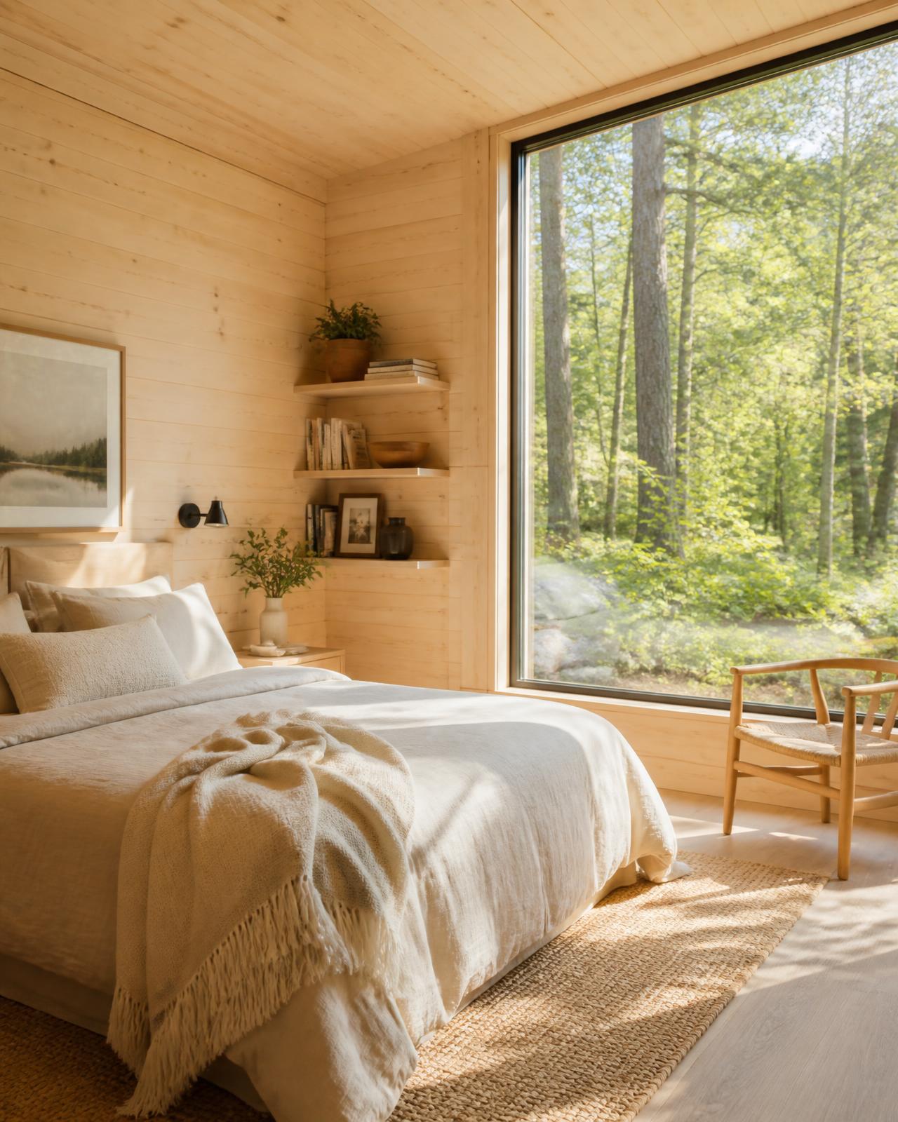 Minimal cedar cabin interior with linen bed facing a misty forest
