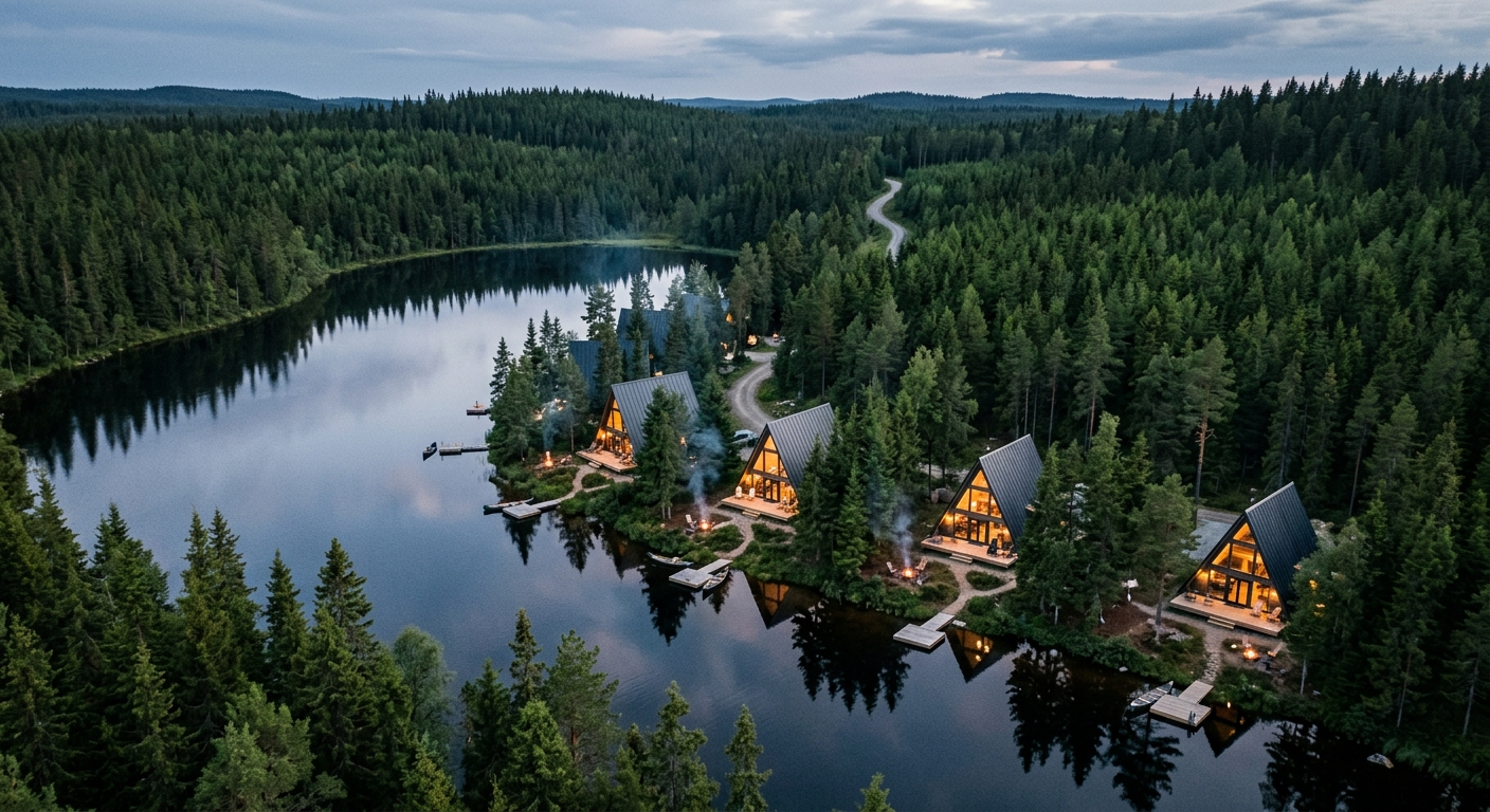 Aerial view of A-frame cabins along a calm forest lake at dusk