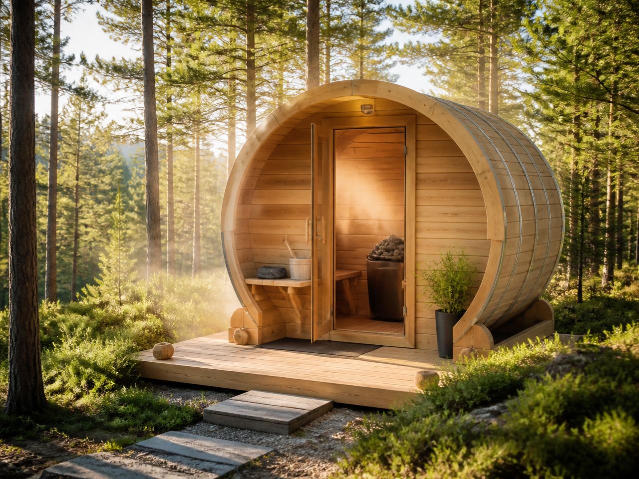 Cedar barrel sauna steaming in a dark pine forest at dusk